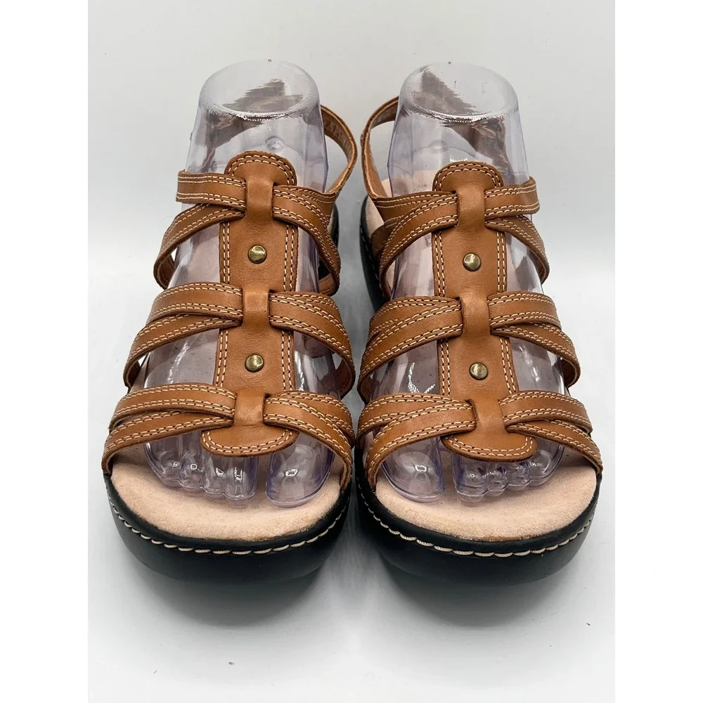 Clarks Delana Curve Women Sz 10M Tan Leather Strappy Wedge Sandals Comfort
